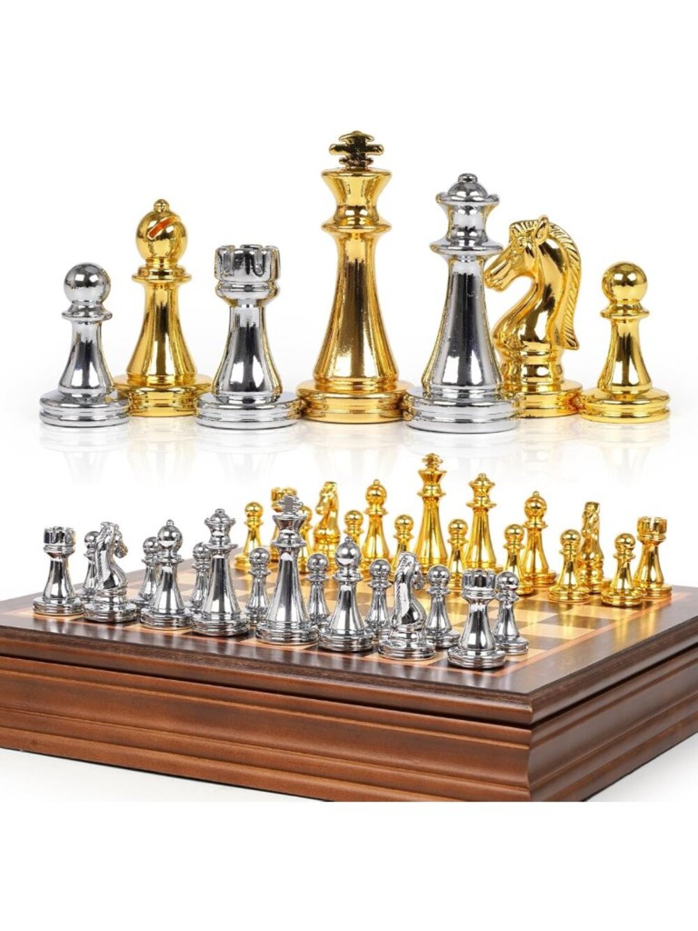 12-Inch Portable Metal Chess Set with Wooden Board & Gold/Silver Pieces